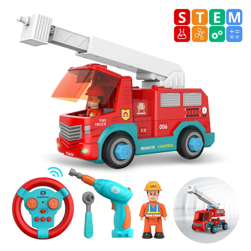 DEERC RC Cars Fire Truck Music DIY Disassembly Toys Tool Cars Remote Control Trucks Set for Children Boys Kids Assemble