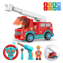 DEERC RC Cars Fire Truck Music DIY Disassembly Toys Tool Cars Remote Control Trucks Set for Children Boys Kids Assemble