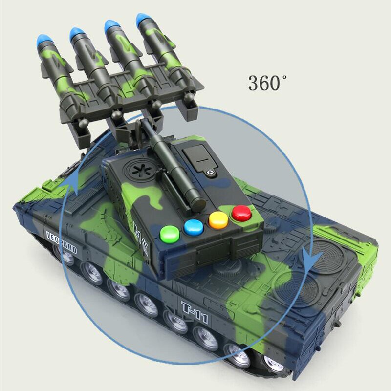 360° Rotating Children's Toy Tank Simulation Model Tiger Military Armored Missile Tank Car Model Sounding Glowing Toy Boy Gift