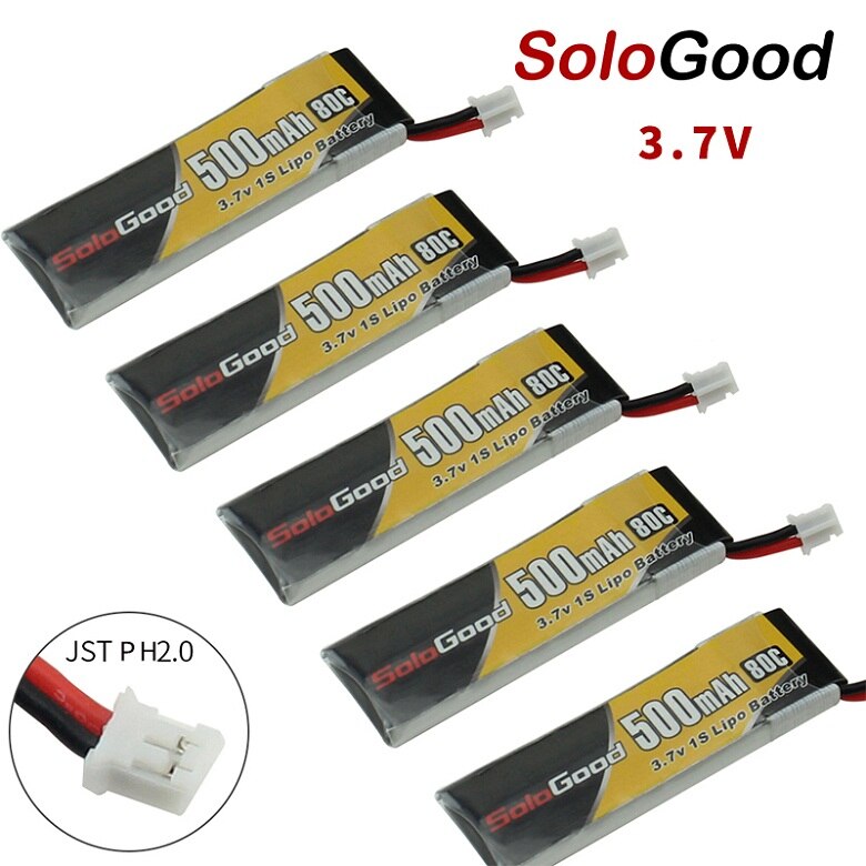 5PCS SoloGood Lipo Battery 1S 3.7V 3.8V 500mAh 80C 1S Rechargeable Batteries with PH2.0 Plug for Indoor Racing Drone Toy