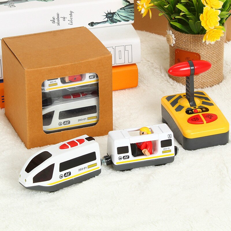 Electric RC Train Set Remote Control Toys Connected with Wooden Railway Car Tracks Birhtday Christmas Gift for Children