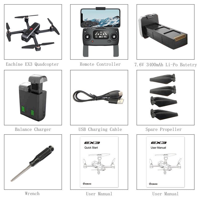 Eachine EX3 GPS 5G WiFi FPV 2K Camera Optical Flow OLED Switchable Remote Brushless Foldable RC Drone Quadcopter RTF