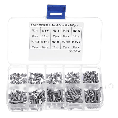 200Pcs M3 304 Stainless Steel DIN7991 Flat Head Screw Countersunk Hex Socket Cap Bolt for RC Model