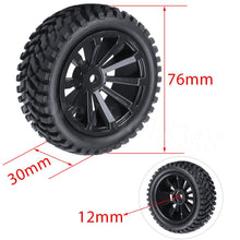 4-Pack 2.99 inch / 76mm Rubber 1:10 RC Rally Car Tires & Wheel Rims Set foam inserted M4 Locknut 12mm Hex Hub