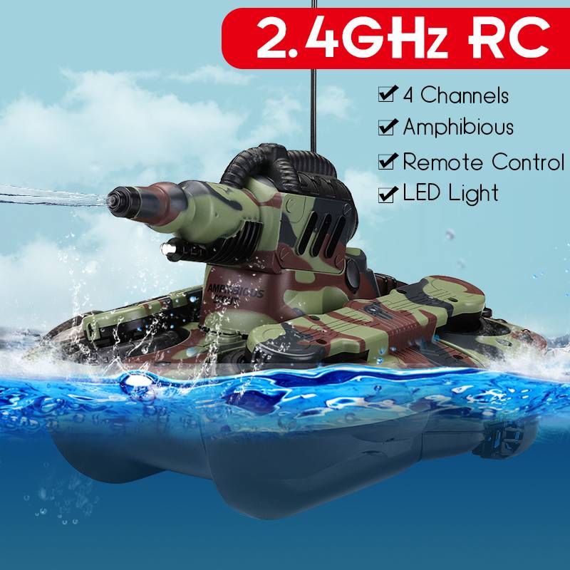 High-intensity LED Blinking 2.4 GHZ Remote Control Amphibious Tank Toys 4 WD Off-road Crawler Shockproof RC Car Gift for Kids