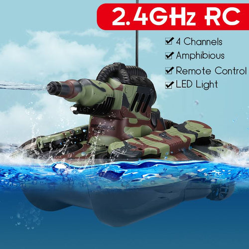High-intensity LED Blinking 2.4 GHZ Remote Control Amphibious Tank Toys 4 WD Off-road Crawler Shockproof RC Car Gift for Kids