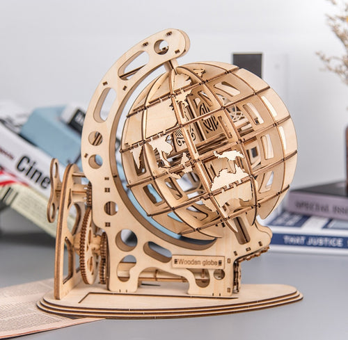 DIY Gear Drive Wooden Globe Assembly Puzzle Mechanical tellurian Model Kit Children Adult Gift Educational Toy Building Blocks