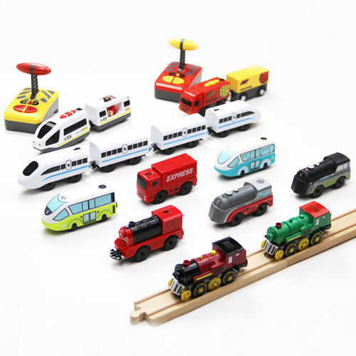 Electric RC Train Set Remote Control Toys Connected with Wooden Railway Car Tracks Birhtday Christmas Gift for Children