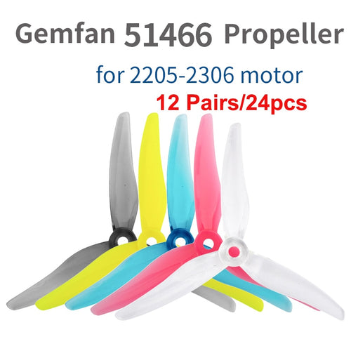 24pcs/ 12 pairs Gemfan 51466 5inch 3 blade/ tri-blade Propeller Props CW CCW for 2205-2306 Brushless Motor FPV Propeller