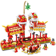 Chinese Street Building Blocks Model Assembly Legoing Bricks Dragon and lion dance Model Kit New Year Gifts Toys for Children