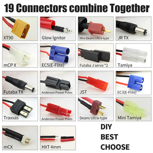 19 in1 RC Lipo Battery Charger Adapter Convert Cable 4mm Banana Plug to Traxxa JST FUTABAS/T-Plug XT60 EC3 EC5 Hxt TAMIYAS