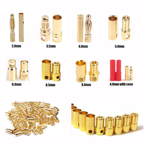 10pcs 2.0mm 3.5mm 4.0mm 5.0mm 5.5mm 6.0mm 6.5mm 8.0mm Banana Gold Bullet Connector Plug For Battery Connector Motor ESC RC Parts