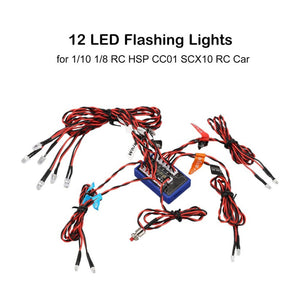 12 Ultra LED Flashing Bright Light Strobe Lamps Kit System for 1/10 1/8 RC Drift HSP TAMIYA CC01 4WD Axial SCX10 RC Car Truck
