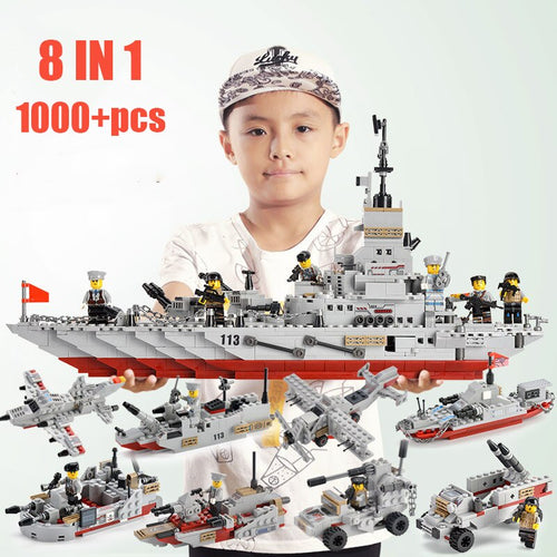 8 in 1 Military WW2 Warship Boat Fighter Model Building Blocks Battle Ship Brand Technic Aircrafted DIY Toys for Children