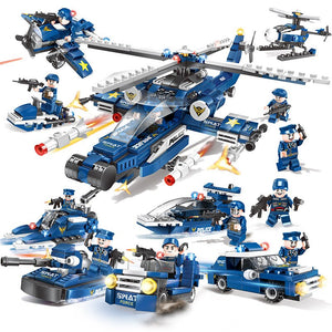 8 IN 1 City Police SWAT War Helicopter Battle Ship Boat Fighter Car Building Blocks Compatible all brand City Toys for Kids