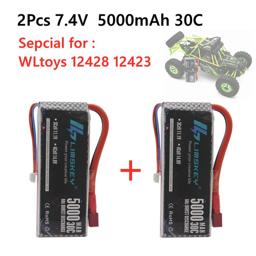 2PCS New Version Rc Lipo Battery 2S 7.4V 5000mah 30C Max 60C for Wltoys 12428 12423 1:12 RC Car Spare parts
