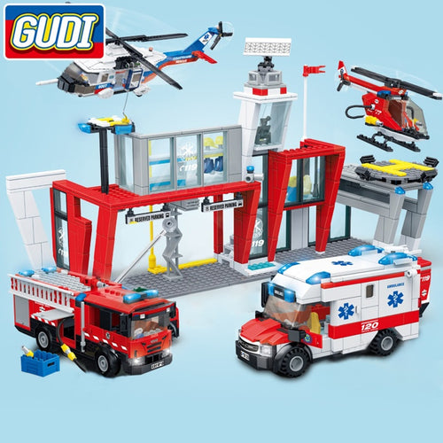 Block GUDI Legoings City Fire Station Ambulance Plane Car Building Blocks Bricks Kits Assembled Educational Toys For Children