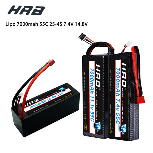 HRB Lipo 7.4V 11.1V 14.8V 2S 3S 4S 2P Battery 7.4V 7000mah 55C T DEAN XT60 MAX 110C Hard Case for RC 1/10 Scale Trx Stampede Car