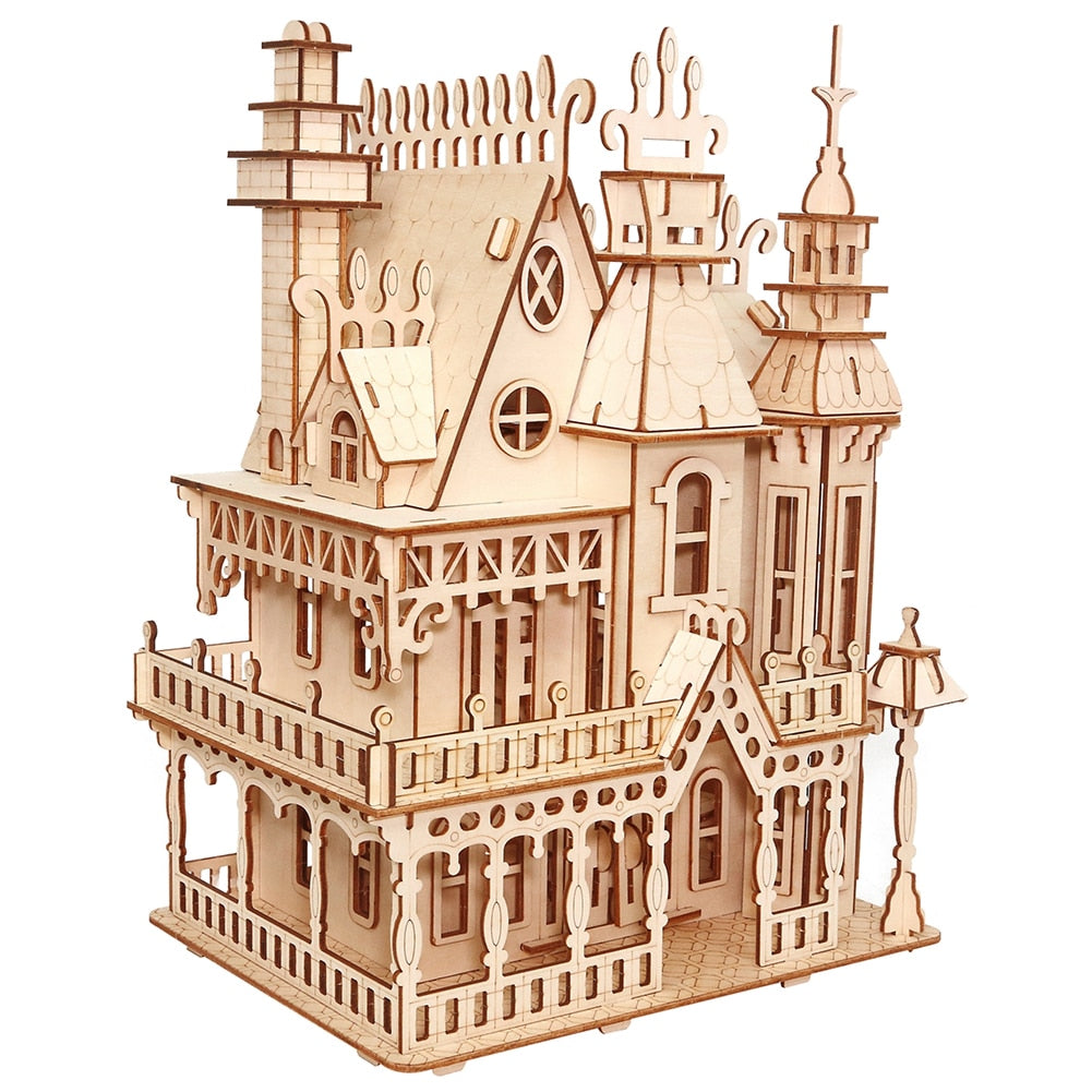 Interconnecting Blocks Woodcraft Construction Kit Wooden Villa DIY 3D Wooden Villa Puzzle Game Assembly Toy Gift