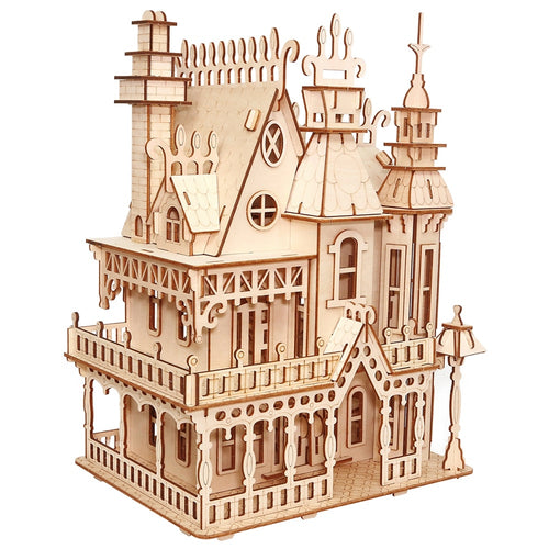 Interconnecting Blocks Woodcraft Construction Kit Wooden Villa DIY 3D Wooden Villa Puzzle Game Assembly Toy Gift