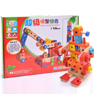 138Pcs Wooden Assembly Screw Blocks Toys Nut Multi-Styles Airplane Robot Brain Training Educational Building Kits For Kids Gift
