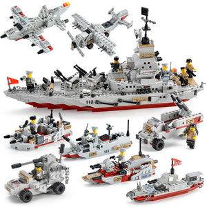 8 in 1 Military WW2 Warship Boat Fighter Model Building Blocks Battle Ship Brand Technic Aircrafted DIY Toys for Children