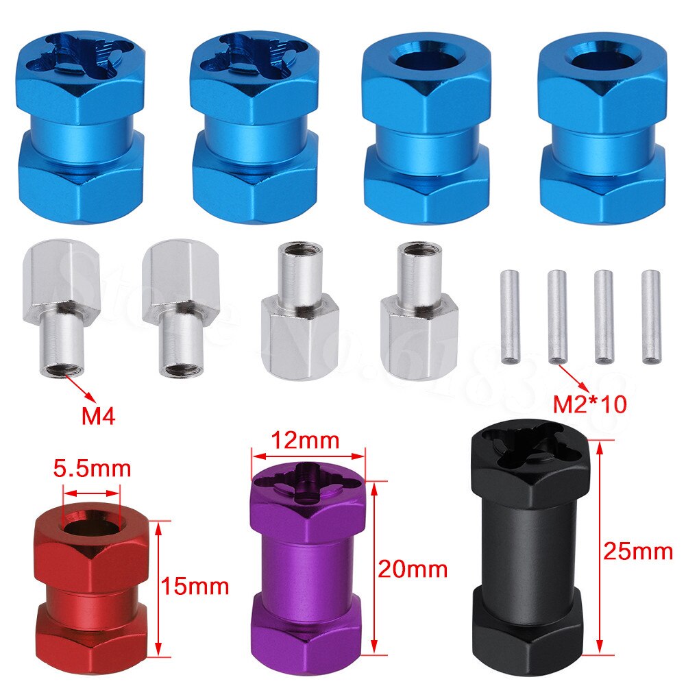 4pcs Aluminum RC Car 12mm Hex Wheel Hub Drive Adaptor 15/20/25mm Extension Combiner Coupler for 1/10 RC Crawler Axial SCX10 D90