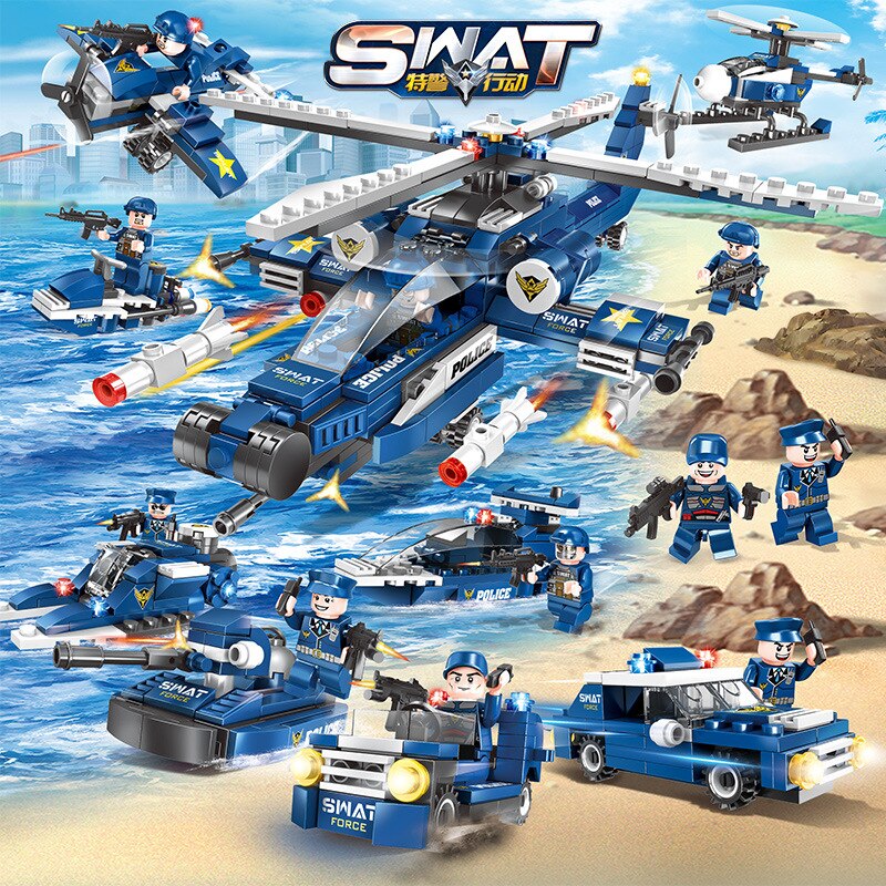 8 IN 1 City Police SWAT War Helicopter Battle Ship Boat Fighter Car Building Blocks Compatible all brand City Toys for Kids