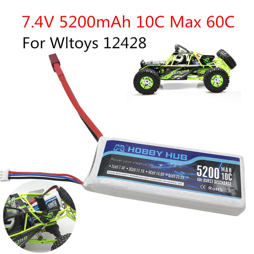 1PCS Hobby Hub RC Lipo Battery 2s 7.4V 5200mAh 10C Max 60C For Wltoys 12428 12423 upgrade Battery parts For RC Car Lipo