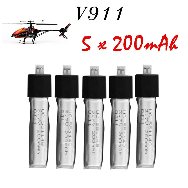 5Pcs 3.7V 200mAh Lithium Batteries 5pcs Wltoys V911 RC Helicopter brushless motor Accessories Bag KV911-0005 F929 F939 BATTERY