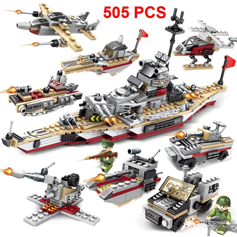 505PCS Aircraft Battle Building Blocks 8 in 1 Aircrafted Carrier Models Military Ship Bricks Toy Compatible Lego child gift