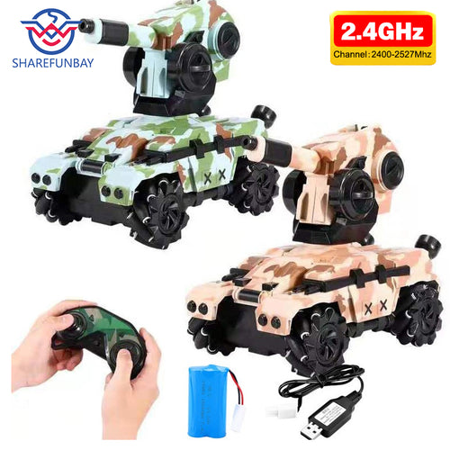 SHAREFUNBAY RC tank 2.4G 4WD can fire water bombs RC tank drift horizontal movement 360 ° rotating rc toy