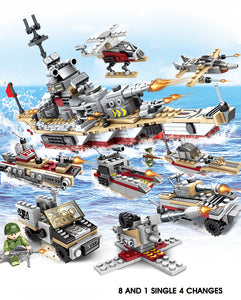 505PCS Aircraft Battle Building Blocks 8 in 1 Aircrafted Carrier Models Military Ship Bricks Toy Compatible Lego child gift