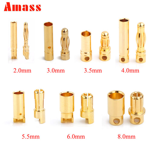 10pcs Amass 2.0mm 3.0mm 3.5mm 4.0mm 5.5mm Gold Bullet Banana Connector 6.0mm 8.0mm plug for RC Battery 5pairs
