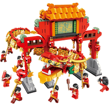 Chinese Street Building Blocks Model Assembly Legoing Bricks Dragon and lion dance Model Kit New Year Gifts Toys for Children