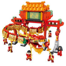 Chinese Street Building Blocks Model Assembly Legoing Bricks Dragon and lion dance Model Kit New Year Gifts Toys for Children