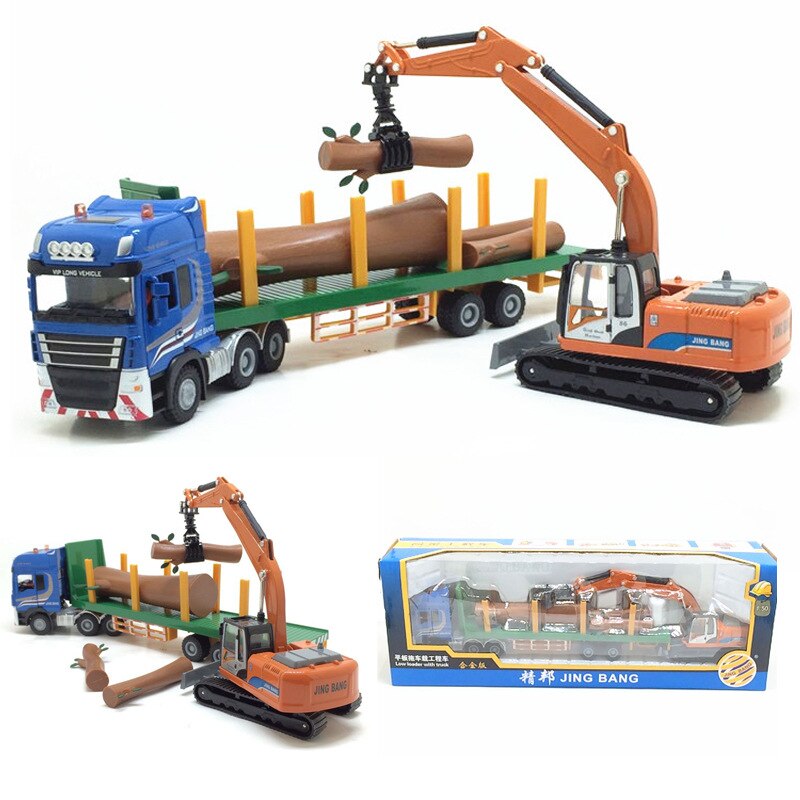 Jing bang Semi-Trailer Flatbed Trailer Wood Transportation Truck with Grasping Wood Alloy Freight Truck Model 1:50 Toy