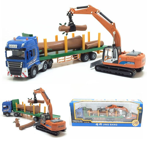 Jing bang Semi-Trailer Flatbed Trailer Wood Transportation Truck with Grasping Wood Alloy Freight Truck Model 1:50 Toy