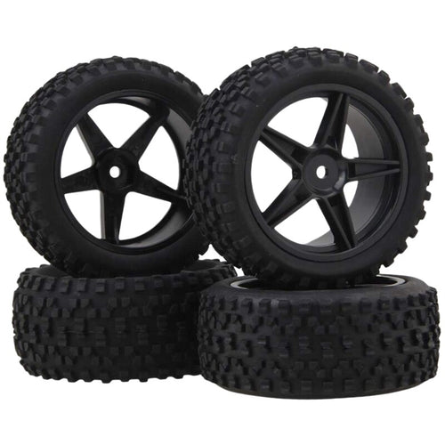 4Pcs Front Rear Pentagram Plastic Wheel Rims + High Grip Rubber Tires Tyres for RC 1:10 Off-Road Car Buggy